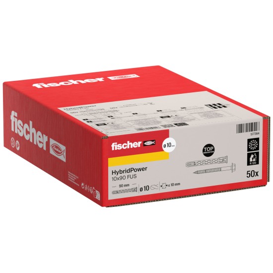 Дюбел Fischer HybridPower 10 x 90 T, винт с фрезенкова глава, задвижване TX